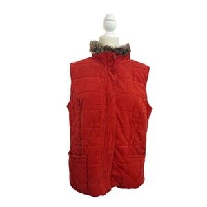 Charter Club Corduroy Puffer Vest Red Faux Fur Collar Women's Large